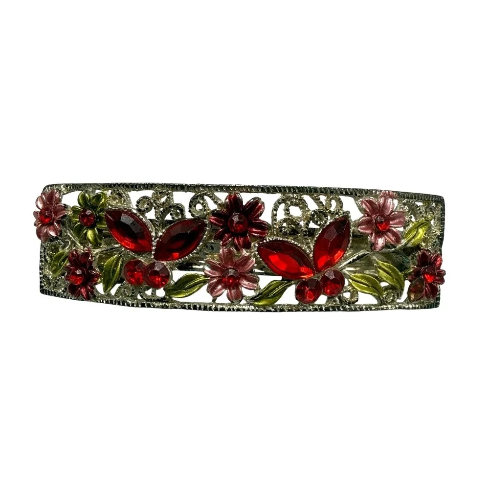 Vintage Floral Filigree Hair Barrette Red Rhinestone Enamel Flower Silver Tone